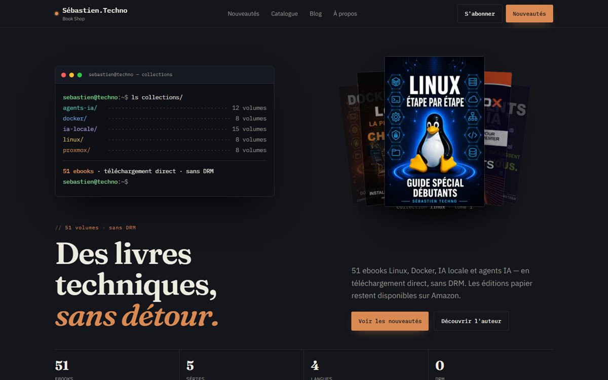 Page d'accueil du site Sébastien.Techno Book Shop : terminal listant les collections et couvertures des ebooks
